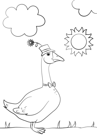 Cartoon Goose Wearing Hat And Bow Tie Coloring Page